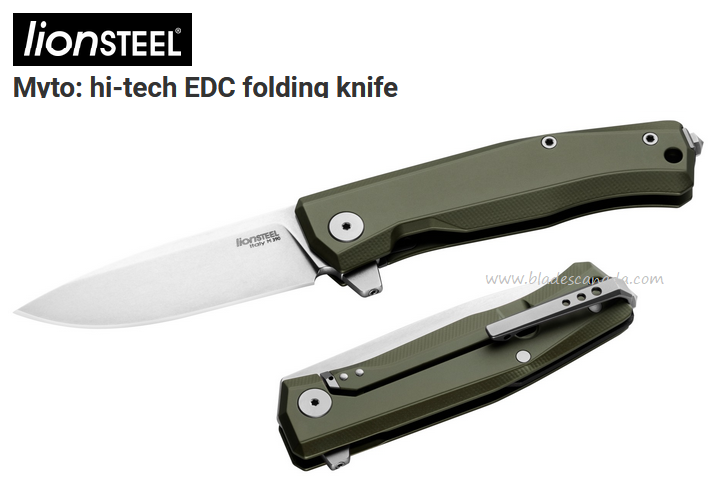 Lion Steel MT01A GS Myto Flipper Folding Knife, M390 SW, Aluminum Green